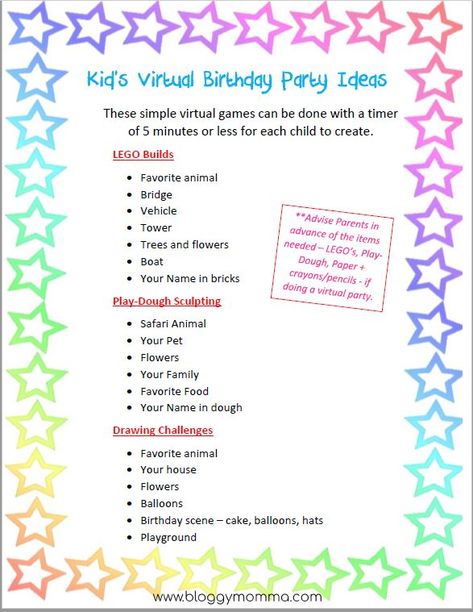 Kid's Virtual Birthday Ideas | Bloggy Momma Virtual Birthday Ideas, Virtual Birthday Party, Sleepover Stuff, Meeting Games, Hangout Ideas, Virtual Birthday, Meeting Ideas, Virtual Games, Game Snacks