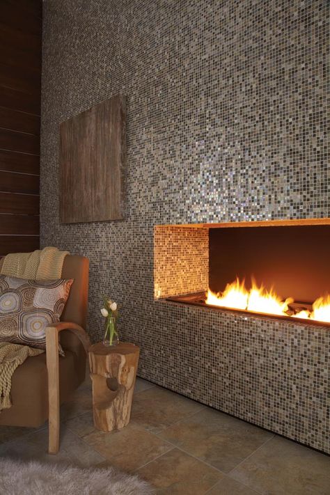 Eclectic mosaic tile fireplaces to adorn your home Decor | Home Decor | Mosaic Fireplaces | Mosaic Tiles | #Mozaico Glass Tile Fireplace, Mosaic Tile Fireplace, Mosaic Fireplace, Tile Accent Wall, Grey Accent Wall, Accent Wall Ideas, Tile Fireplace, Accent Wall Paint, Unique Tile