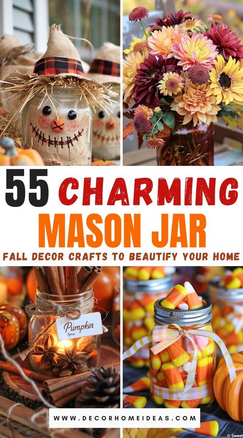 Enhance your home’s autumn ambiance with these 55 lovely mason jar fall decor crafts. This post offers a variety of creative ideas, from candle holders and vases to lanterns and centerpieces. Discover how to transform simple mason jars into charming, seasonal decorations that bring warmth and beauty to your space. Mason Jar Crafts Christmas Gifts, Square Glass Jar Decorating Ideas, Diy Fall Mason Jar Decorations, Recycle Bath And Body Works Candle Jars, Quart Jar Crafts, Cream Can Decor Ideas, Small Mason Jar Ideas, Fall Crafts Diy For The Home, Thankful Jars