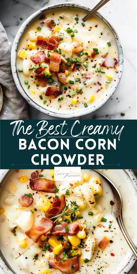 Corn chowder with bacon: a quick and easy soup recipe with crispy bacon, tender potatoes, and sweet corn. This one-pot summer comfort food is prepared on the stove top, ready in 40 minutes, and freezer-friendly. Corn Chowder With Bacon, Creamy Corn Chowder, Easy Corn Chowder, Corn Chowder Soup, Bacon Corn Chowder, Bacon Chowder, The Cozy Cook, Cozy Soup Recipes, Cozy Cook