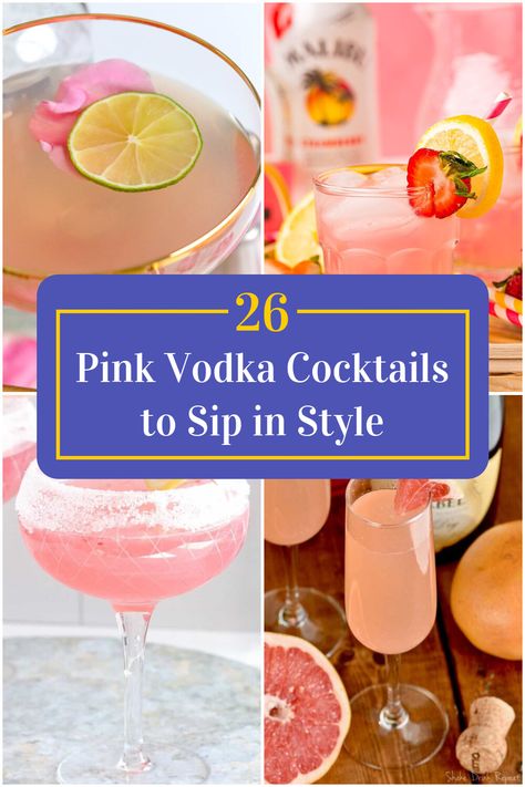 Collage of 4 pink vodka cocktails. Pink Vodka Cocktails, Pink Martinis, Sparkly Pink Cocktails, Pink Glitter Drinks Alcohol, Pink Martini Recipe, Pink Vodka Drinks, Pink Cocktails Vodka, Blushing Bride Drink, Pink Cocktails Recipes