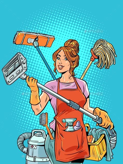 A Beautiful Housewife Girl Organizes Cleaning and Pinup Cleaning Lady, Cleaning The House Aesthetic, Cleaning Pictures For Business, Girl Cleaning House, Cleaning Lady Pictures, Cleaning Advertising Ideas, Housewife Illustration, Cleaning Illustration, Cleaning Ads