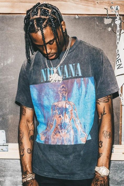 Travis Scott Vintage Nirvana Tee Travis Scott, Nirvana, A Man, Dreadlocks, Braids, Wall, Plaits