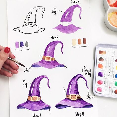 Anna Koliadych (@dearannart) • Instagram photos and videos Halloween Watercolor Tutorial, Halloween Watercolour Painting Ideas, Watercolour Halloween Art, Watercolour Witch, Witch Hat Watercolor, Witch Drawing, Step By Step Watercolor, Watercolor Tips, Learn Watercolor