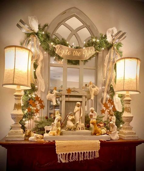 Willow Nativity Display Ideas, Willow Tree Figurines Display Ideas, Nativity Sets Display, Christmas Nativity Scene Display, Nativity Scene Display, Willow Tree Nativity, Church Christmas Decorations, Christmas Nativity Set, Christmas Mantle Decor