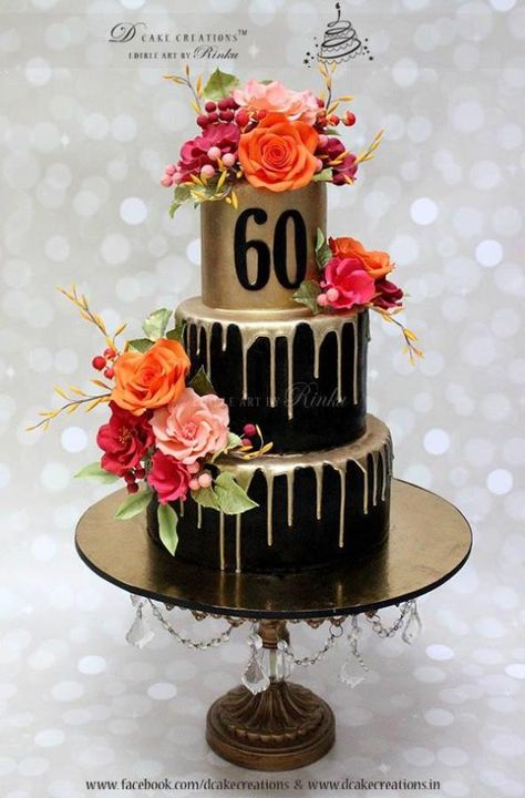 Black Beauty - Cake by D Cake Creations™ 60th Birthday Ideas For Mom, Birthday Cake For Mom, 60th Birthday Decorations, Cake With Flowers, Three Tier Cake, 60th Birthday Cakes, Cakes For Women, 70th Birthday Parties, 60th Birthday Party