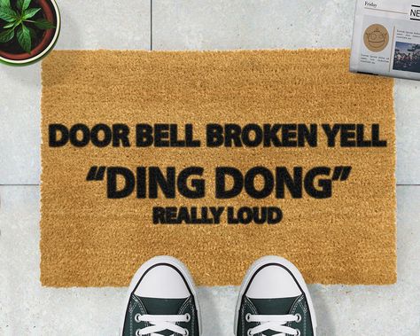 Yell Ding Dong For Attention Doormat - Give you and your guests a grand welcome to your home with a designer doormat from Artsy. All Artsy Doormats are crafted from a high quality tufted coconut fibre!  Artsy Doormats are professionally dyed using exterior paints made to be durable and stick to the coir, whereas some others on the market are made using food dyes and not made to last. Filthy Animal, Funny Doormats, Ding Dong, Coir Doormat, Coconut Fiber, Door Mats, Welcome Mats, Exterior Paint, Devon