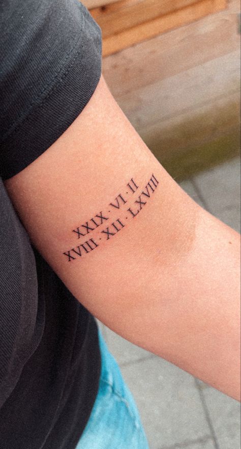 Two Roman Numeral Tattoos, Roman Numeral Bible Verse Tattoo, Small Roman Numeral Tattoo Placement, Date Of Birth Tattoos Men, Date Roman Numeral Tattoo, Roman Letter Tattoo, Roman Numeral Birthday Tattoo, Roman Numeral Tattoo Font, 1975 Tattoos