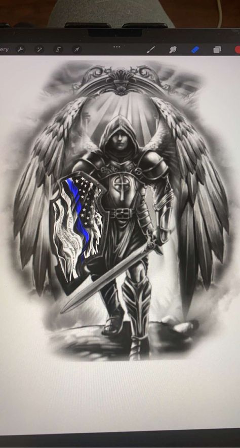 Good And Evil Tattoo For Men Half Sleeves, Saint Micheal Tattoo Design, Warrior Angel Tattoo Men, Guardian Angel Warrior Tattoo, St Michael Tattoo Design, Guardian Angel Tattoo For Men, Police Tattoo Ideas, Saint Michael Tattoo Design, Guardian Tattoo