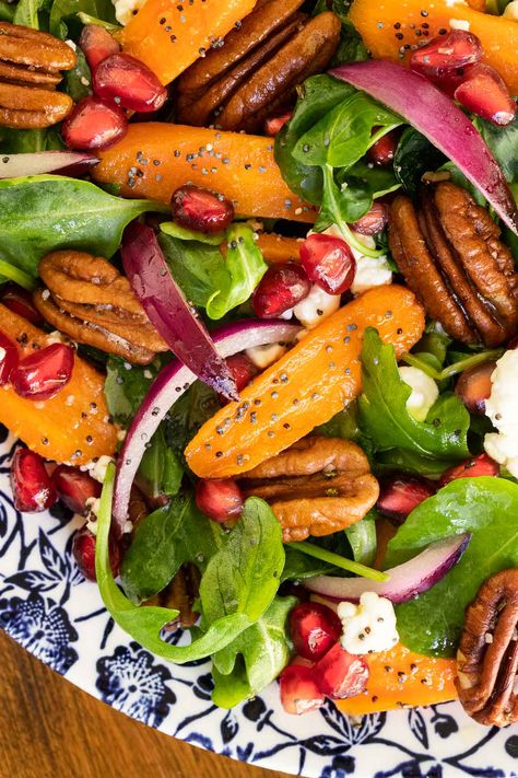 This delicious Roasted Carrot Salad with Honey Cider Dressing is a perfect (and gorgeous) side for just about any entree. It also makes a fabulous vegetarian meal on its own! #roastedcarrotsalad, #fallsalad, #saladwithcarrots Cider Dressing, Rosemary Pecans, Roasted Carrot Salad, Herb Vinaigrette, Main Salad, Honey Roasted Carrots, Roasted Carrot, Autumn Salad, Lemon Herb