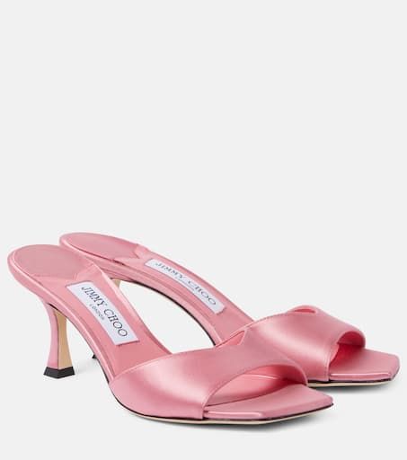 Skye 70 satin mules in pink - Jimmy Choo | Mytheresa Pink Designer Heels, Pink Heels Aesthetic, Pink Manolo Blahnik Shoes, Burmese Outfit, Mcbling Aesthetic, Footwear Photography, Pink Bridal Shoes, Pink Mules, Jimmy Choo Sandals