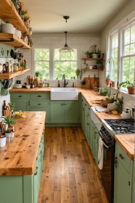 Sage Kitchen, Sage Green Kitchen, Green Kitchen Cabinets, Casa Country, Cottage Kitchens, Green Cabinets, Kitchen Inspiration Design, Kitchen Themes, Cottage Kitchen