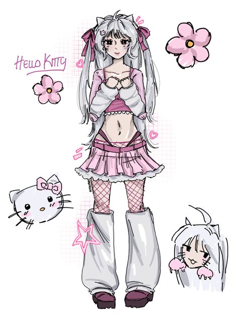 Human Hello Kitty Fanart, Kawaii Style Drawing, Indie Character Design, Hello Kitty Human Drawing, Hello Kitty Girl Drawing, My Melody As A Human, Full Body Anime Drawing Base, Female Clothes Drawing Outfit, Ritzu Art