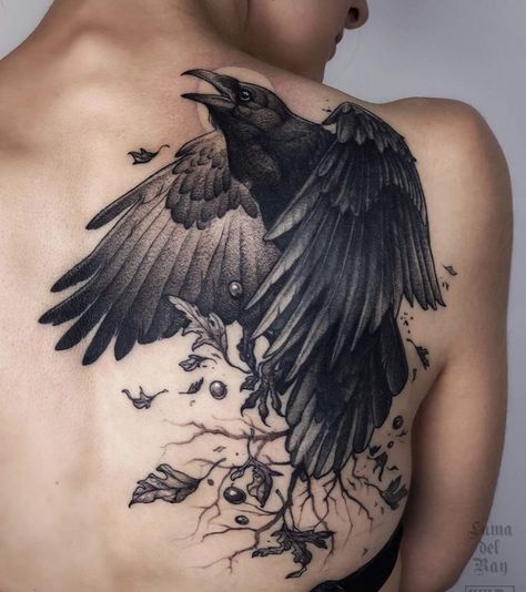 210+ Coolest Crow Tattoos Ideas With Meanings (2022) - TattoosBoyGirl Crow On Shoulder Tattoo, Full Back Feminine Tattoo, Raven Pair Tattoo, Raven Tattoo On Back, Large Crow Tattoo, Crow Tattoo Back, Two Crows Tattoo, Raven Tattoo Back, Two Ravens Tattoo