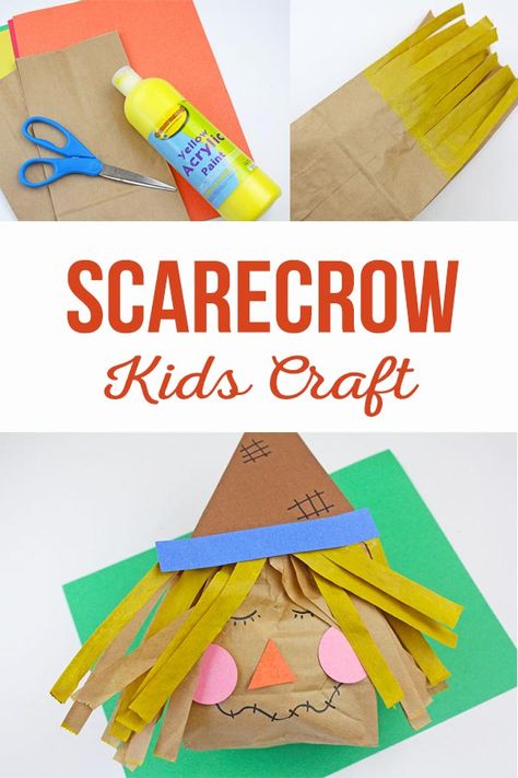 Paper Bag Scarecrow Craft | A simple, fun preschool kids craft for the Fall. Paper Bag Scarecrows are easy to make with supplies you already have on hand! #kidscraft #fallkidscraft #halloweenkidscraft #scarecrowcraft Brown Paper Bag Scarecrow Craft, Paperbag Scarecrow Craft, Paper Bag Scarecrow Craft Preschool, Preschool Scarecrow Craft Free Printable, Paper Bag Scarecrow Craft For Kids, Scarecrow Paper Bag Craft, Scarecrow Craft For Preschool, Toddler Scarecrow Craft, Mini Scarecrows Craft