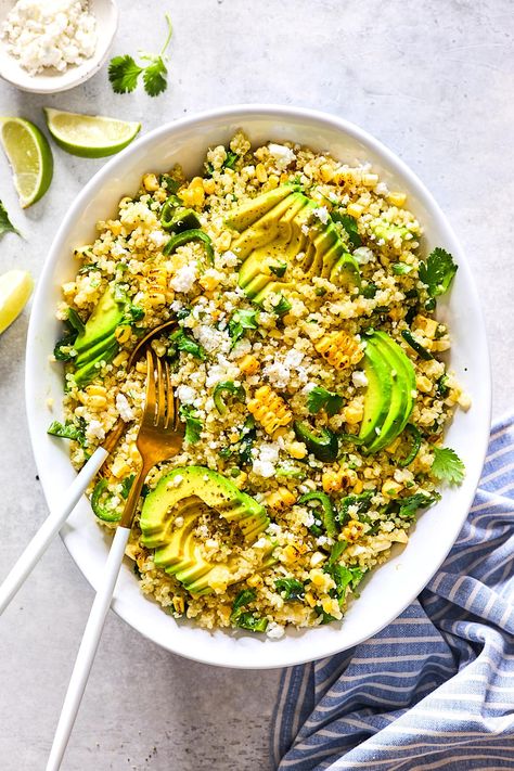 Quinoa Avocado Salad, Easy Bbq Side Dishes, Asian Quinoa Salad, Salad With Corn, Salad Recipe Ideas, Greek Quinoa Salad, Charred Corn, Corn Avocado, Bbq Side Dishes