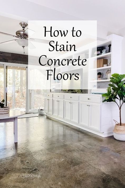 Today I am sharing how to stain concrete floors to get the look of epoxy stained floors without having to spend the money on a professional to do it. Stained Cement Floors, Stain Concrete Floors, Diy Stained Concrete Floors, How To Stain Concrete, Seal Concrete Floor, Concrete Floors Diy, Concrete Floors In House, Diy Concrete Stain, Interior Concrete Floors