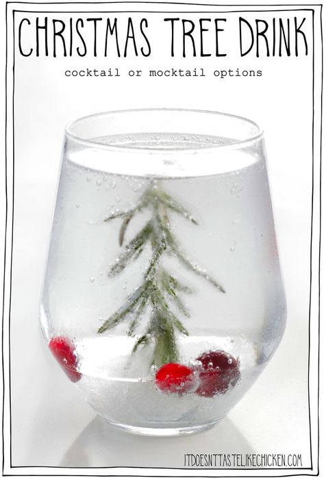 Celebrate the holidays with this festive Christmas Tree Drink! This recipe has options for both cocktails and mocktails so that everyone can have a drink. The Christmas "tree" is made from a sprig of rosemary that is frozen in ice, with cranberries or pomegranate seeds for decoration. #itdoesnttastelikechicken #christmas #cocktail #mocktail Mock Tail Christmas Drinks, Christmas Tree Cocktail Holiday Drinks, Vegan Christmas Drinks, Christmas Tree Drink, Christmas Tree Cocktail, Christmas Punches, Christmas Party Ideas For Adults, Rosemary Christmas Tree, Fun Christmas Drinks