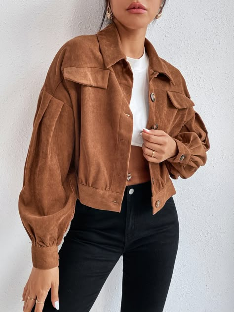 Brown Casual  Long Sleeve Corduroy Plain Other  Non-Stretch Fall/Winter Women Outerwear Cropped Jacket Outfit, Womens Cropped Jacket, Florida Outfits, Everyday Fashion Outfits, Women Jackets, Brown Style, Casual Work Outfits, Corduroy Jacket, Streetwear Women