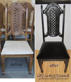 GIY: Goth It Yourself: Dining Chair Revamp Gothic Furniture Diy, Goth It Yourself, Gothic Furniture, Dark Home Decor, Goth Home, Goth Home Decor, Old Chair, Painted Chairs, Interior Design Diy