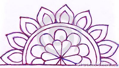 A gel pen hand drawn semi circular petaled design of a half circle on paper. Half Kolam Design, Rangoli Designs In Semi Circle, Simple Rangoli Designs Half Circle, Diwali Rangoli Half Circle, Simple Circle Rangoli Design, Circular Rangoli Designs Diwali, Rangoli In Circle Design, Easy Circle Rangoli Designs, Semi Circle Rangoli Designs Diwali