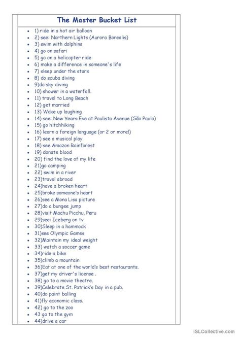 List of things to do before you die. Useful if you are working on Present Perfect structure. Perfect Tense, Northern Lights (aurora Borealis), Helicopter Ride, Musical Plays, Present Perfect, Sleeping Under The Stars, List Of Things, Esl Worksheets, Got Married