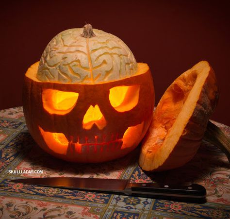 Looking for unique pumpkin carving ideas for your #apartment? It doesn't get much more unique than this. Halloween Flashtattoo, Unique Pumpkin Carving Ideas, Creative Pumpkin Carving, Pumpkin Carving Designs, Pumpkin Contest, Halloween Pumpkin Designs, Carving Pumpkins, Creative Pumpkins, Skull Pumpkin