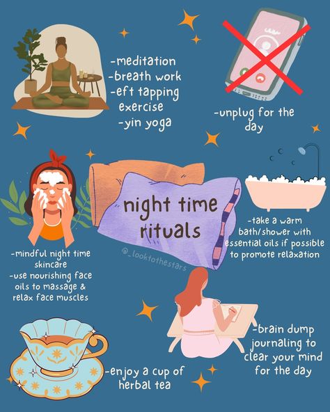 You are guaranteed a relaxing night by incorporating at least 3 of these rituals into your daily night time routine ✨🌛 In order for your body to relax it has to understand it’s time to relax. My favorite nightly routine to unwind at night is a nice warm cup of tea. The whole act of making the tea & holding the warm mug in my hand while I watch my favorite shows lets me body & mind know this is our time to ✨chill✨ What’s a staple in your night time routine? • • • • #holisticwellness #holi... Night Spiritual Routine, Night Time Wind Down Routine, Night Rituals Witch, Nighttime Rituals Witch, Slow Night Routine, Witch Night Routine, Witchy Night Routine, Spiritual Night Routine, Night Time Rituals