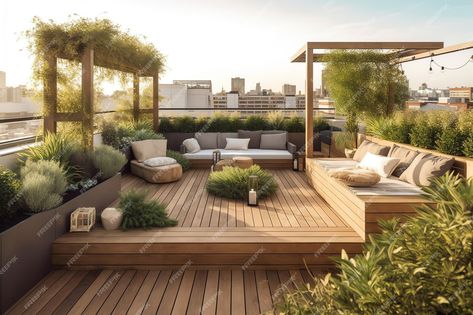 Premium AI Image | A rooftop deck with a wooden deck and a wooden bench with a canopy Wooden Deck Terrace, Rooftop Deck Ideas Roof Terraces, House With Rooftop Deck, Japanese Roof, Roof Terrace Design, Seaside Apartment, Deck Planters, Deck Layout, Raised Deck