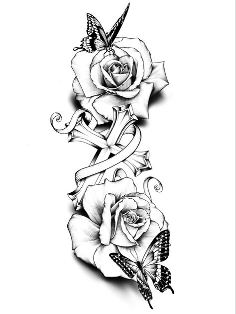 Tattoo Ideas With A Cross, Crosses And Roses Tattoos, Crosses With Roses Tattoo, Forearm Tattoo Women Butterfly And Flowers, Calf Rose Tattoos For Women, Grown Women Tattoos, God And Roses Tattoo, Heart And Rose Tattoo Design, Women Rose Tattoo Arm