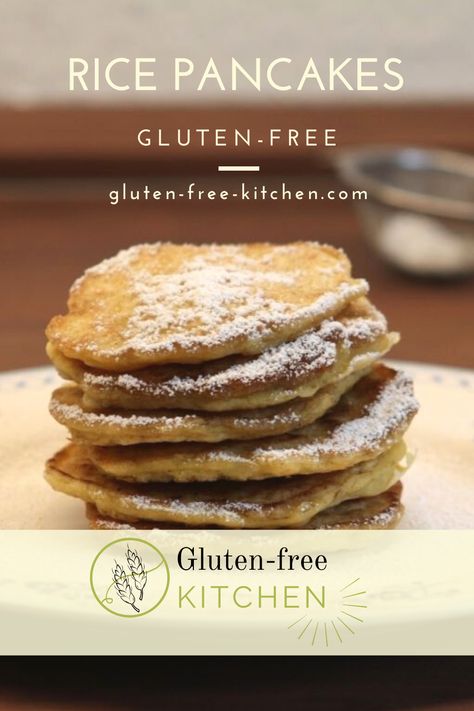 Quick and easy gluten-free rice pancake recipe. Great to use up leftover rice. Get inspired by recipes from www.gluten-free-kitchen.com now! Rice Pancakes Recipe, Gluten Free Rice Bread, Gluten Free Rice A Roni Recipe, Rice Flour Biscuits Gluten Free, King Arthur Gluten Free Pancakes, Gluten Free Cornmeal Pancakes, Rice Pancakes, Gluten Free Kitchen, Cinnamon Butter