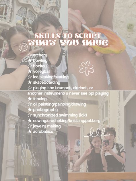 Reality Shifting Script Ideas, Skills To Script Shifting, Skills To Script In Your Dr, Talents To Script, Hobbies To Script, Traits To Script, Skills To Script, Kpop Group Ideas Shifting, Stuff To Script