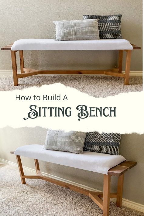 A detailed tutorial and free plans for how to build your own DIY sitting bench. It is perfect for a foyer, dining table, or the end of a bed! How To Make A Bench For End Of Bed, Diy Living Room Bench, Diy Sitting Bench, Diy Padded Bench, Diy Bench For End Of Bed, Diy Bed Bench, End Of Bed Seating, Furniture Build, Bench Bedroom