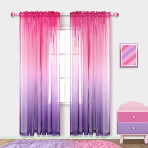 PRICES MAY VARY. OMBRE DESIGN: These sheer panels feature two popular girls loved colors pink and purple,teal and purple for girls room decor.Encouraging,cute,colorful and fairy girls castle. GIRLS ROOM DECOR MATCHING: Perfect match with girls bedding,comforter,wall decor and soften the blinds while still letting light coming through. REVERSIBLE: Can be hung from either side for a inspiring idea of decorations for girls bedroom. PACKAGE: Sold as 2 curtain panels.Dual pockets.Each panel measures Pink And Purple Bedroom, Pink And Purple Room, Purple Girls Bedroom, Girls Room Curtains, Girls Bedroom Curtains, Purple Girls Room, Door Window Curtain, Set Room, Purple Room Decor