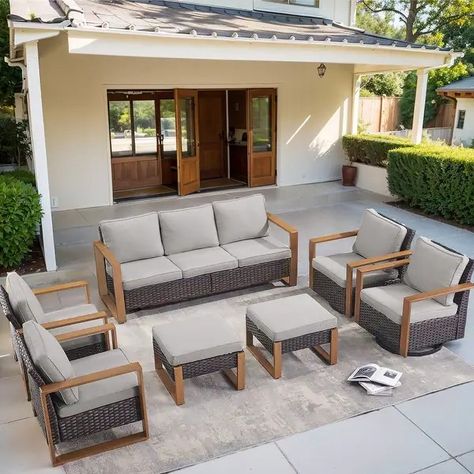 Patio Sofa with Rocking Chair Ottomans and Coffee Table - Brown - Bed Bath & Beyond - 40482868 Pool Patio Furniture, Outdoor Sectionals, Wicker Patio Chairs, Romantic Backyard, Patio Conversation Sets, Wood Patio Furniture, Chair Ottoman, Modern Patio, Patio Sofa