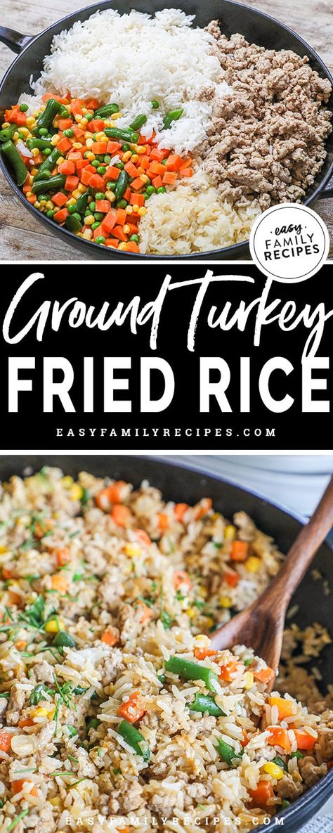 This QUICK and EASY Turkey Fried Rice recipe takes just minutes to make and will rival your favorite take-out restaurant. This Asian-inspired recipe makes a wholesome and filling meal, no matter how busy the day gets, and it is a great, tasty way to use ground turkey. What's great about this fried rice recipe is that it's a 15-minute meal that uses leftovers to create a delicious dinner recipe, and you can use any turkey. Use those Thanksgiving leftovers, deli turkey, or ground turkey. Ground Turkey Fried Rice Recipes, Easy Healthy Dinner With Ground Turkey, Ground Turkey And Rice Recipes Healthy, Ground Turkey Rice Recipe, Turkey And Rice Recipes, Ground Turkey And Rice Recipes, Ground Turkey Fried Rice, Recipes For Ground Turkey, Turkey Fried Rice