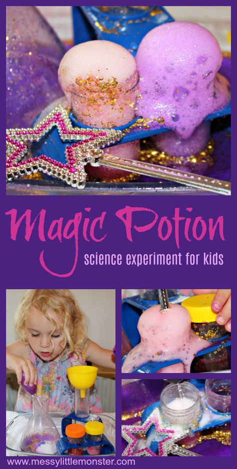 Wow the kids with this fun and easy science experiment for kids. They will be amazed as they watch baking soda and vinegar react to form a fizzing magic potion. This cool science experiment for preschoolers upwards would make a fun Halloween activity for kids! Fizz Science Experiment, Fairytale Science Experiments, Princess Science Experiments, Magic Preschool Theme, Magic Potion Science Experiment, Magic For Preschoolers, Magic Preschool Activities, Preschool Potion Making, Magic Experiments For Kids