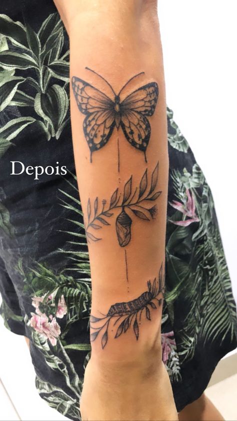 Butterfly Transformation Tattoo Ideas, Butterfly Transition Tattoo, Butterfly Circle Of Life Tattoo, Stages Of Butterfly Tattoo, Butterfly Nature Tattoo, Moth Metamorphosis Tattoo, Caterpillar Cocoon Butterfly Tattoo, Life Cycle Of A Butterfly Tattoo, Stages Of Butterfly Life Cycle Tattoo