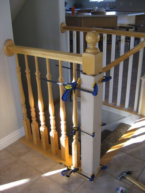 Stair Banister Renovation Using Existing Newel Post and Handrail Banister Remodel, Diy Stairs Makeover, Stair Railing Makeover, Stair Newel Post, Diy Stair Railing, Stair Posts, Stair Banister, Stair Makeover, Handrail Design