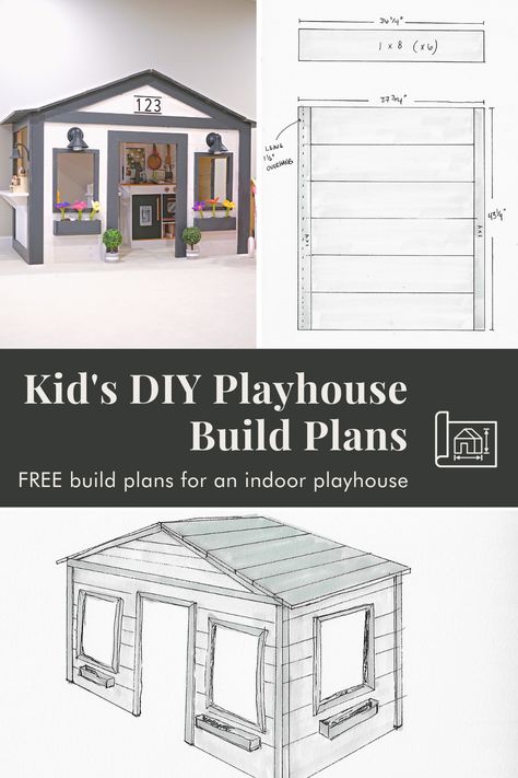 Free Indoor Wooden Playhouse DIY Build Plans at www.kylamariecharles.com Play Houses For Kids Indoor, Inside Kids Playhouse, Playhouse Build, Inside Playhouse, Diy Kids Playhouse, Kids Playroom Basement, Playhouse Diy, Playhouse Interior, Kids Indoor Playhouse