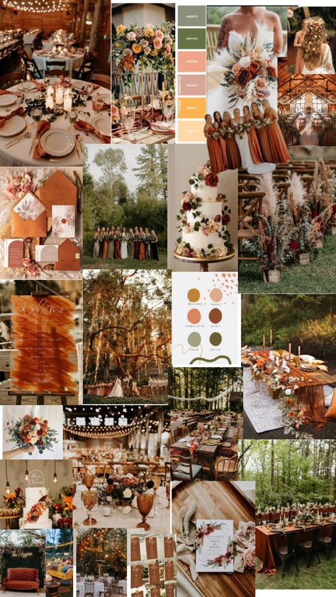 Wood Wedding Ideas Decor, Autumn Romance Wedding Theme, Wedding Fall Theme, Rust And Olive Green Wedding, Fall Wedding Theme Ideas Colour Palettes, Autumn Cottagecore Wedding, Rust Wedding Palette, October Wedding Aesthetic, Fall Romance Aesthetic Wedding