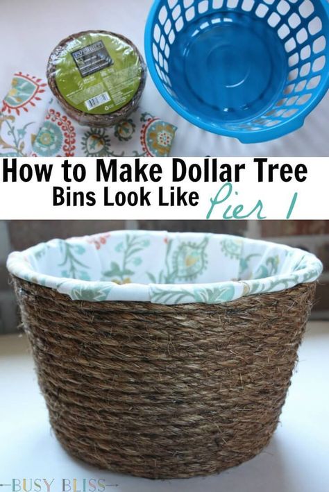 Turn cheap Dollar Tree storage bins into lined woven baskets that look like they came from Pier 1. All you need is some fabric, rope, and a glue gun. Dollar Tree Storage Bins, Dollar Tree Storage, Fabric Rope, Desk Diy, Dollar Tree Decor, Woven Baskets, Dollar Tree Crafts, Dollar Store Crafts, Tree Diy