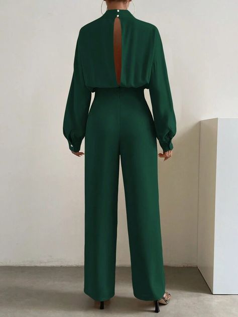 Mock Neck Lantern Sleeve Wide Leg Jumpsuit | SHEIN USA Elegant Blouse With Voluminous Lantern Sleeves, Formal Green Long Sleeve Jumpsuit, Green Wide-leg Jumpsuits For Party, Voluminous Lantern Sleeve Blouse, Puff Sleeve Jumpsuit, Jumpsuit With Sleeves, Lantern Sleeve, Lantern Sleeves, Wide Leg Jumpsuit