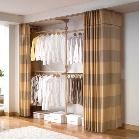 Wardrobe Curtain Doors, Closet Doors Curtains, Replacing Closet Doors, Closet Door Alternative, Curtain Wardrobe, Bold Curtains, Curtains For Closet Doors, Ideas Armario, Wardrobes Bedroom