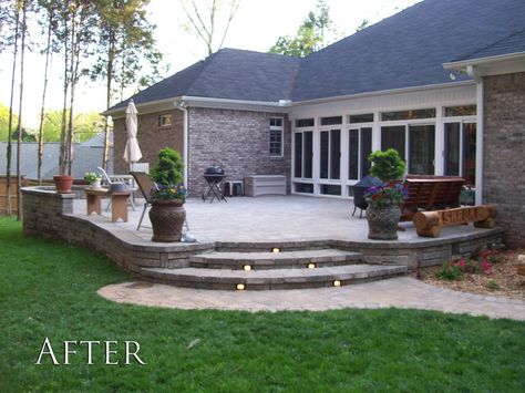 Great elevated patio Patio With Steps, Elevated Patio, Raised Patio, Patio Steps, Concrete Patio Designs, Decks And Patios, Patio Pavers, Stone Patio, Pergola Ideas