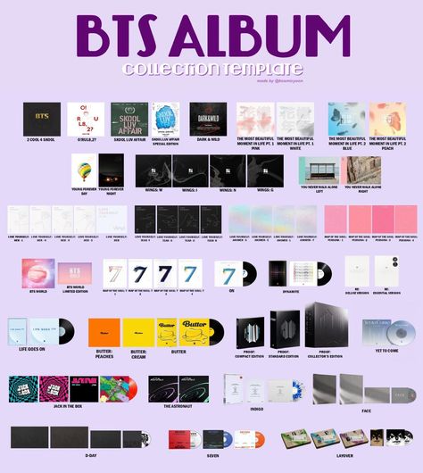 updated bts album template for anyone that wants it 🫶🏼 Bts Album Template, Bts Album List, Journey Albums, Love Yourself Album, Album Template, Skool Luv Affair, Album Collection, Bts History, Photo Card Template