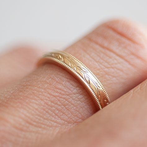 Hand engraved custom vine wedding ring by Berlinger Jewelry Vintage Engagement Rings And Wedding Band, Etched Gold Ring, Laurel Wedding Band, Make Your Own Wedding Band, Olive Branch Wedding Band, Men’s Engraved Wedding Band, Italian Wedding Ring, Engraved Wedding Bands For Women, Engraved Gold Wedding Band