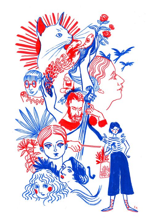 Red and blue illustrations by Eloïse Heinzer Blue Drawing Ideas, Risograph Illustration, Blue Drawings, Posca Art, Doodle Illustration, Fun Illustration, Red Art, People Illustration, Ink On Paper