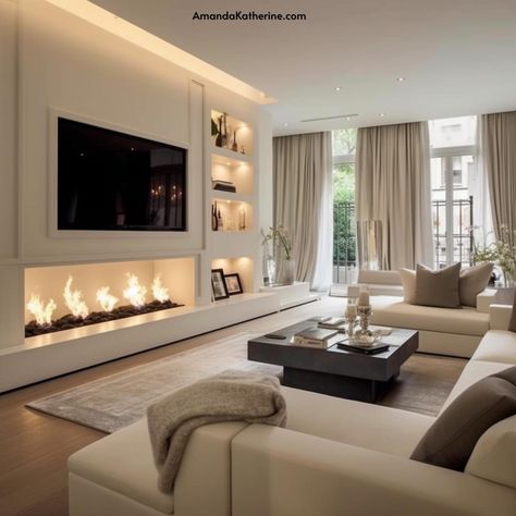 31 Stunning Fireplace Wall Ideas with a TV for your Living Room - Amanda Katherine Tv Mounted, Living Room Decor Fireplace, Living Room Design Inspiration, Dream House Rooms, Home Design Living Room, Ideas Living Room, Fireplace Wall, Dream House Interior, Decor Home Living Room