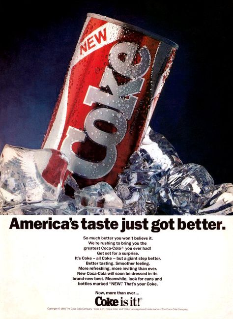 New Coke launches..........1985...........(the horror!) New Coke, 80s Ads, Cola Wars, Coke Ad, Coca Cola Ad, Coca Cola Can, Coke Cola, Retro Ads, Old Ads